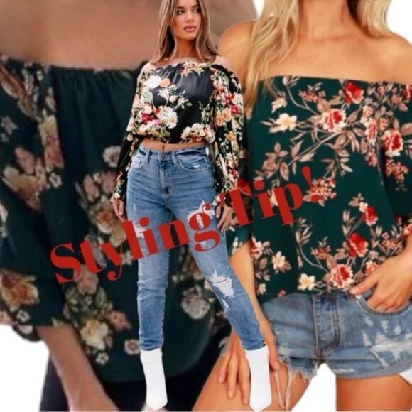 🍭 inTu Top Green Floral Print Off The Shoulder Croppy Size Small EUC - Picture 12 of 16